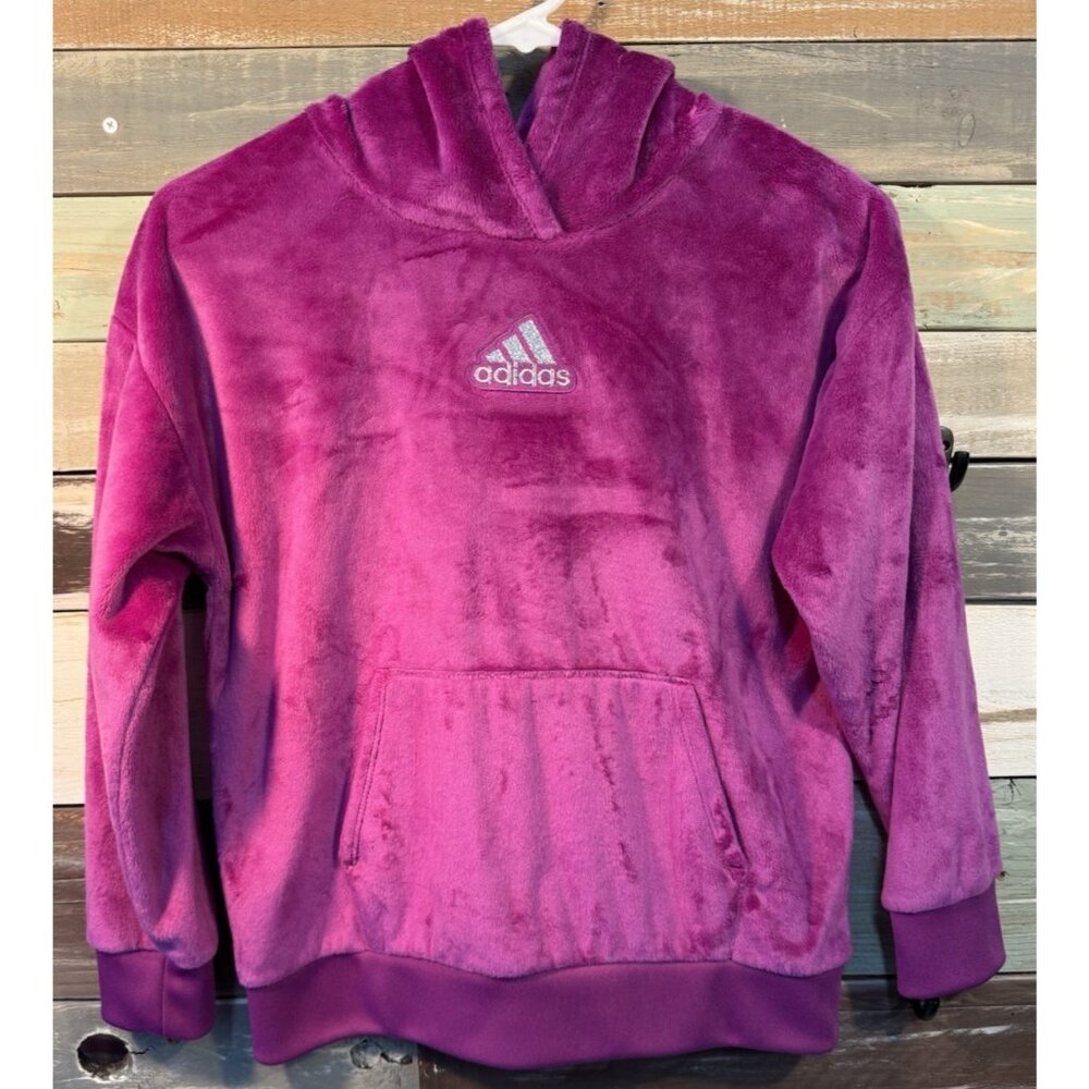 ADIDAS GIRLS PURPLE SOFT FUZZY PULLOVER HOODIE JACKET YOUTH L(14) USED